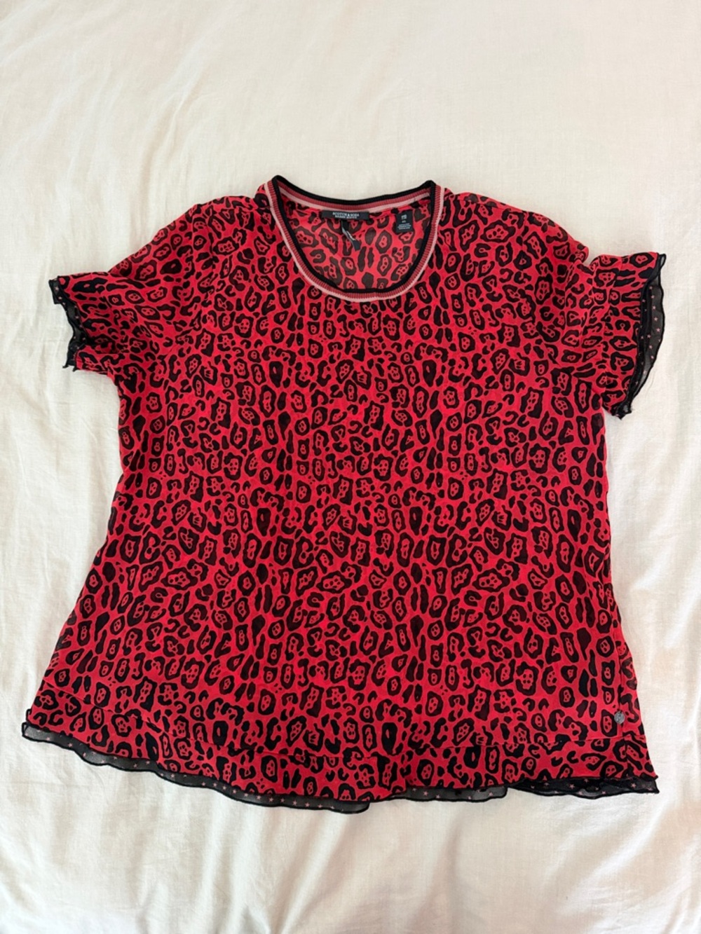 Scotch&Soda Women’s Red Leopard Print ruffed Short Sleeve Top